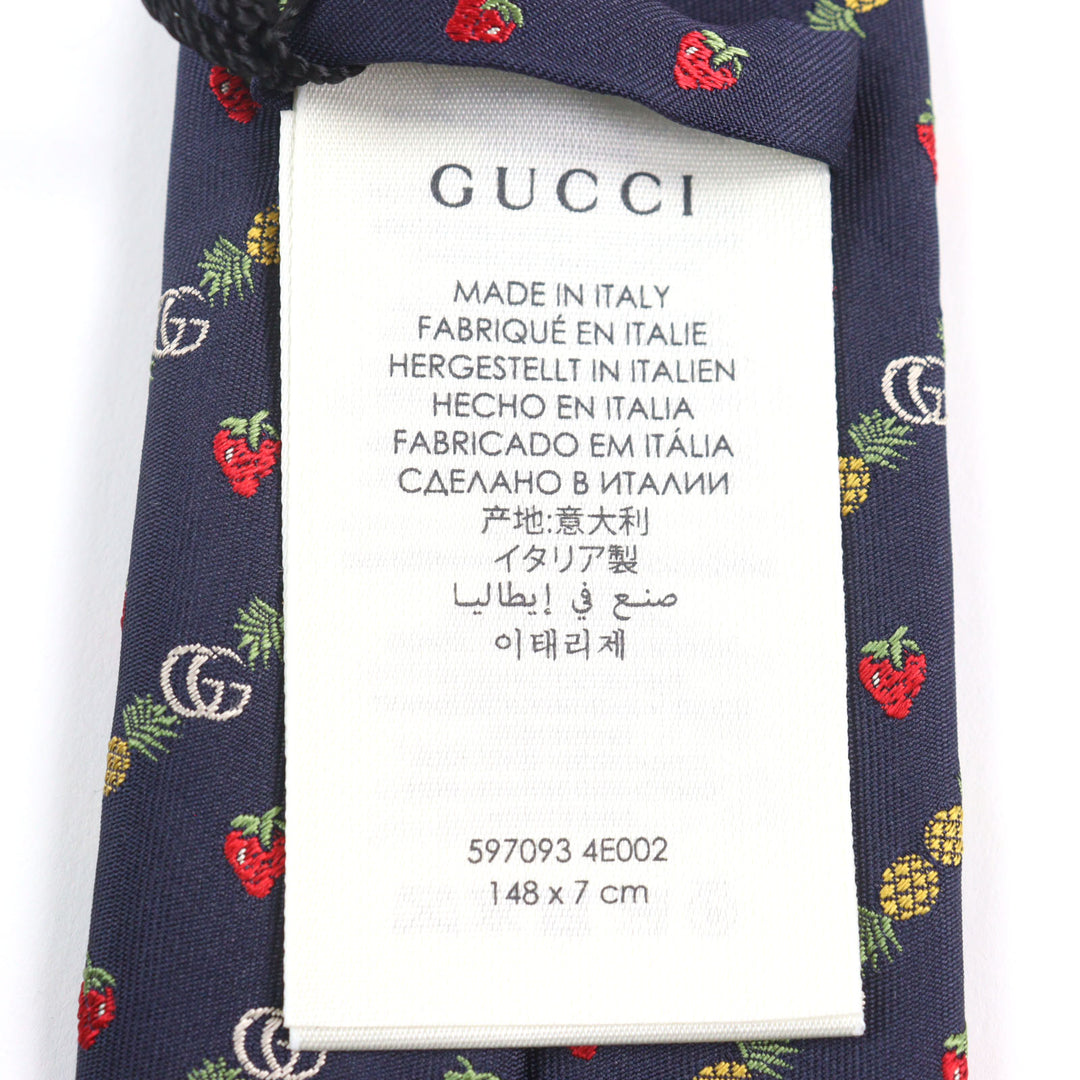 Pristine GUCCI tie GG logo, bee embroidery, pineapple, strawberry Navy silk men 597093
