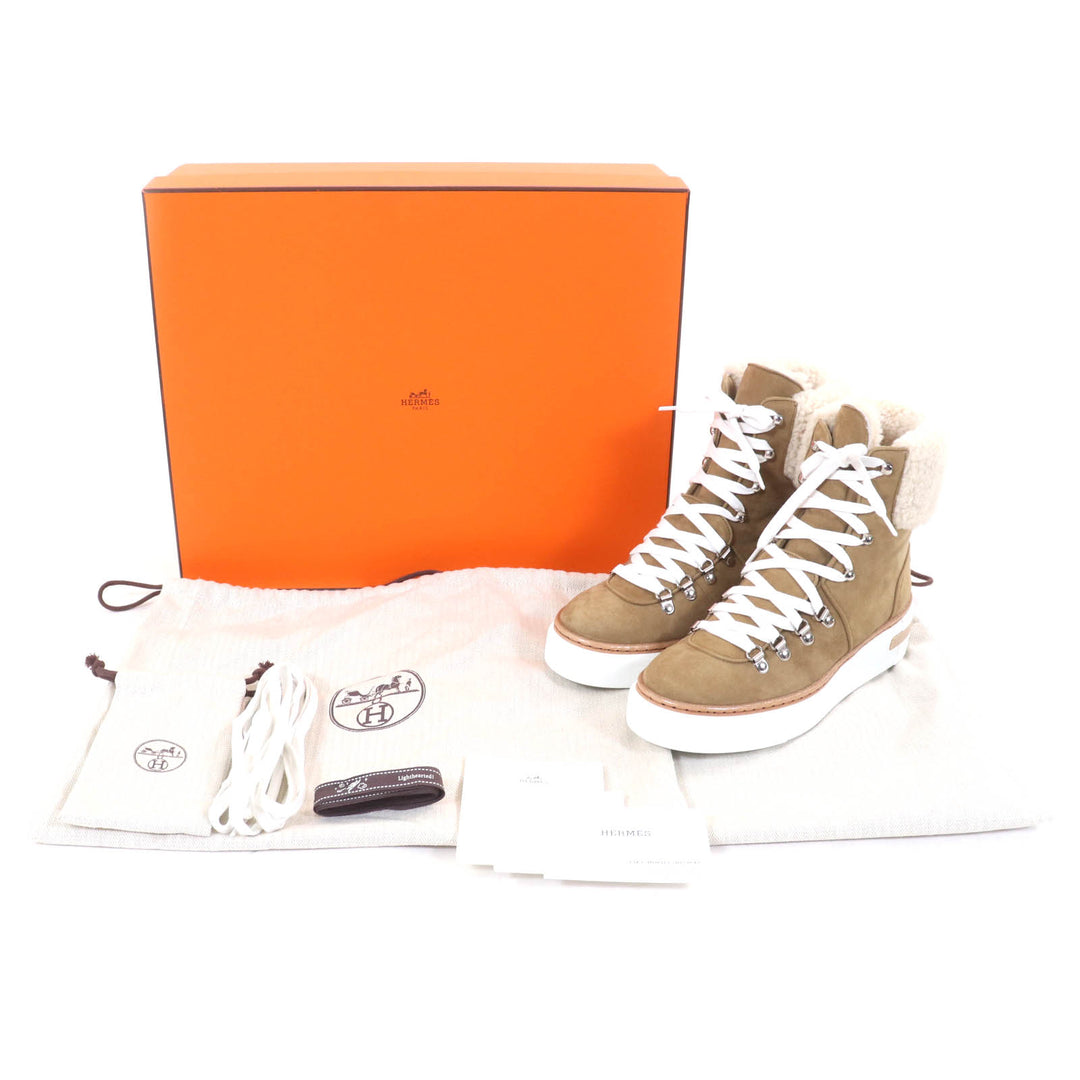 Pristine HERMES High cut sneakers Flocon Brown Suede leather Women 37.5
