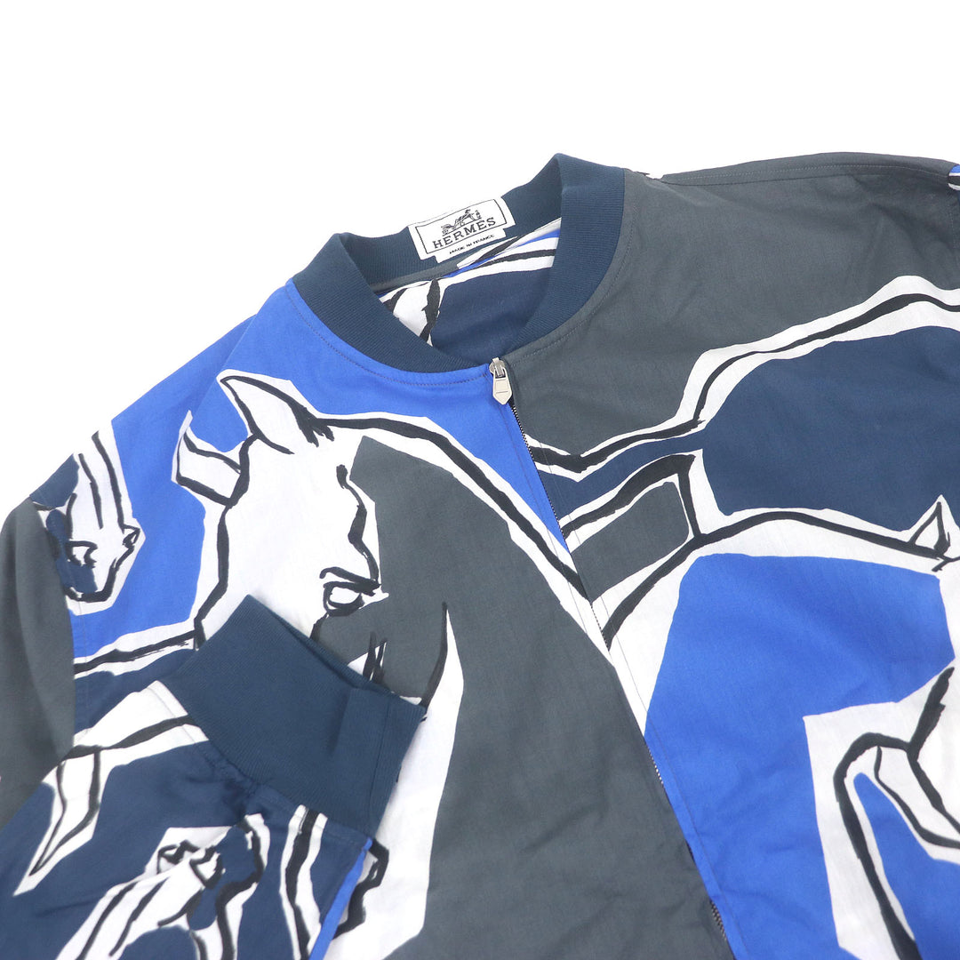 Excellent HERMES Blouson Horse pattern Blue gray cotton mens 43