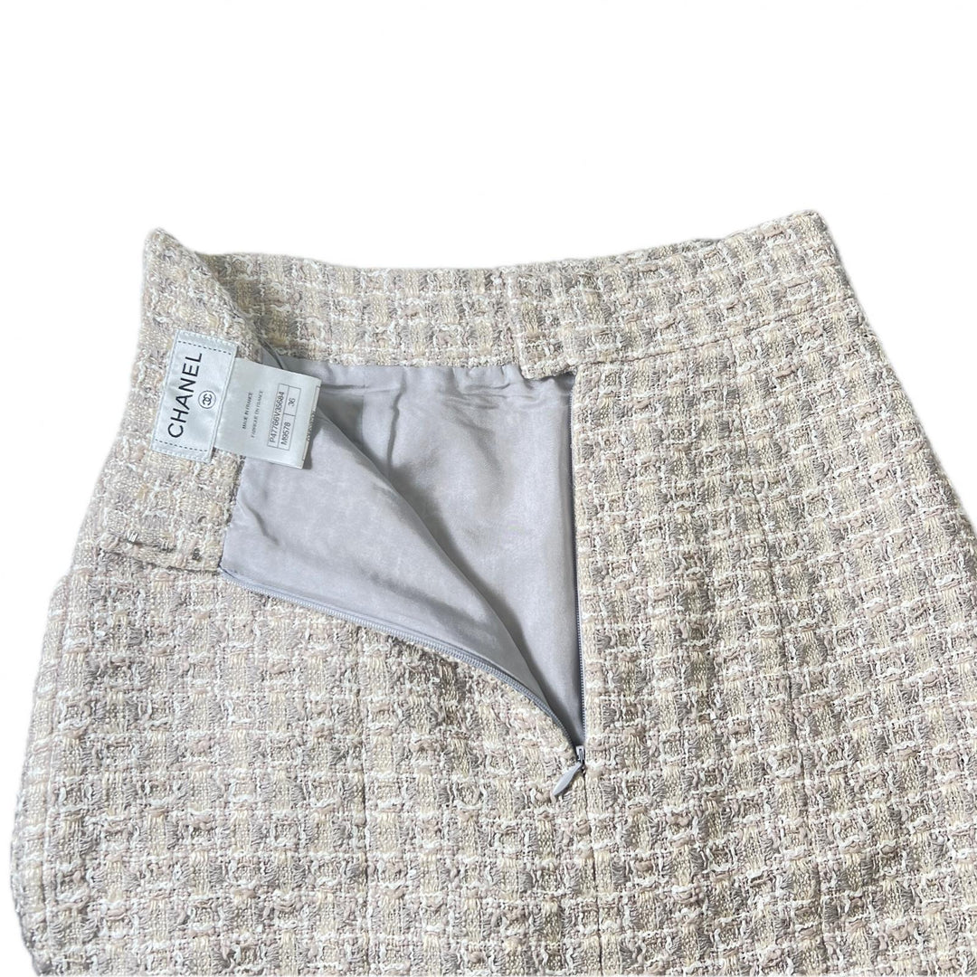 Excellent CHANEL Tweed skirt COCO Mark Parts Knee Length beige Women 36 P47766