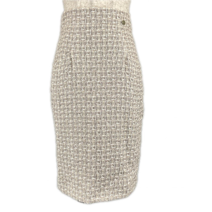 Excellent CHANEL Tweed skirt COCO Mark Parts Knee Length beige Women 36 P47766