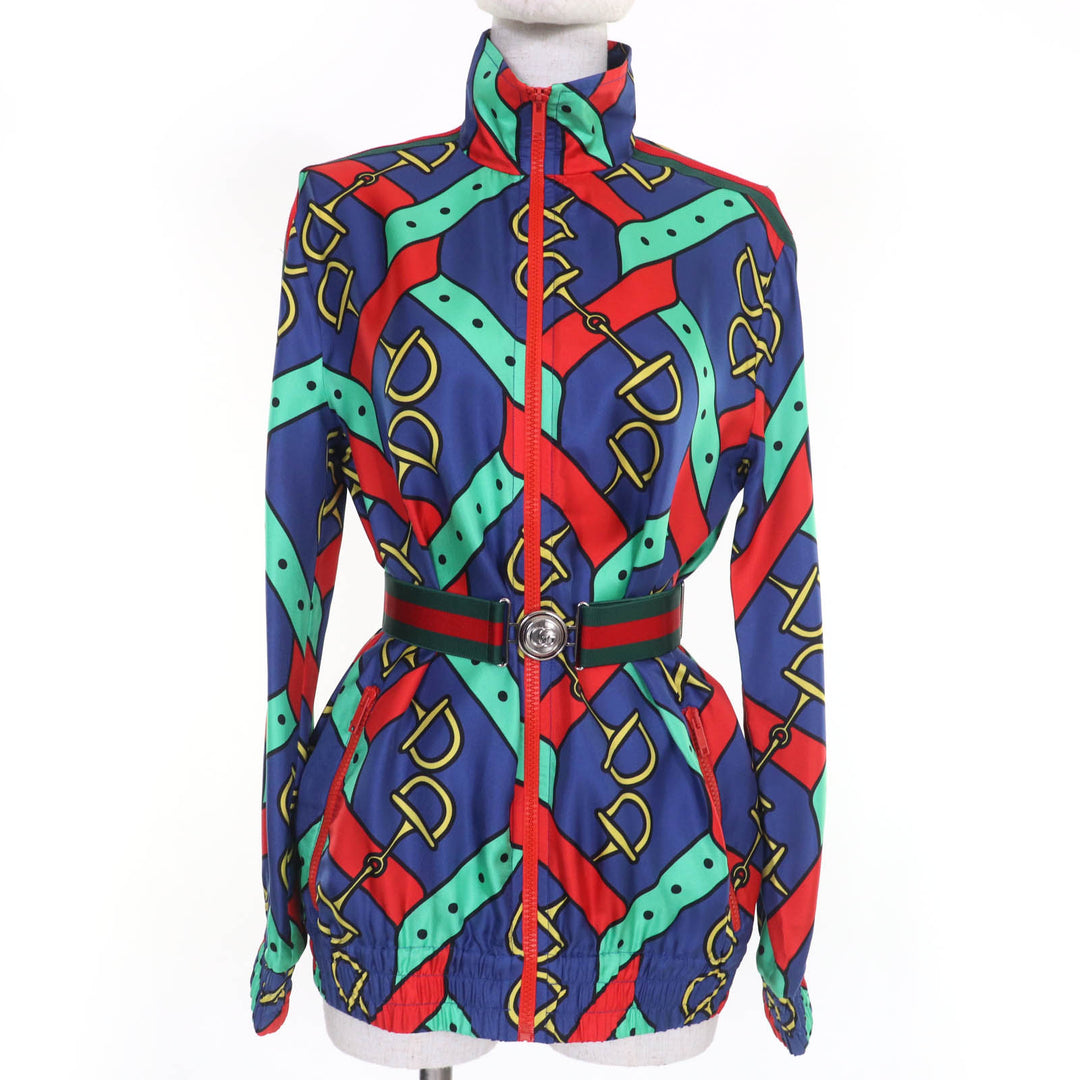 Pristine GUCCI Jacket Horsebit Pattern Sherry Line GG Marmont Buckle silk Women