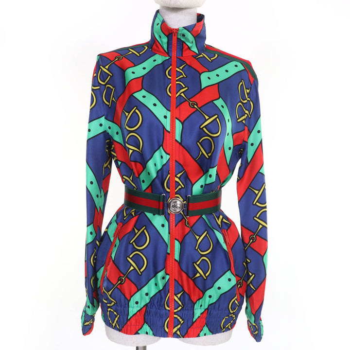 Pristine GUCCI Jacket Horsebit Pattern Sherry Line GG Marmont Buckle silk Women