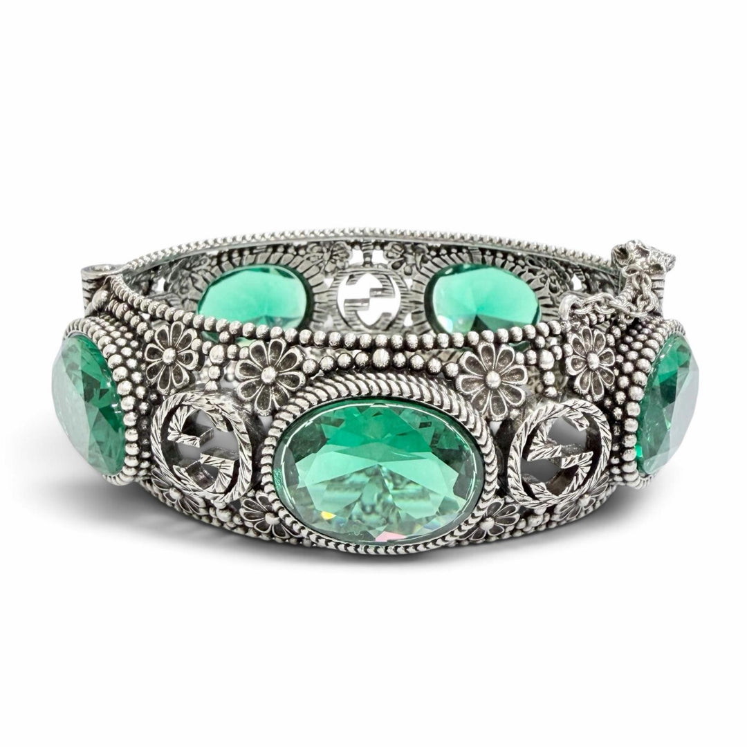 Great GUCCI Bangle Interlocking G Flower Cat Head Green Color Stone 925 87.3g 16