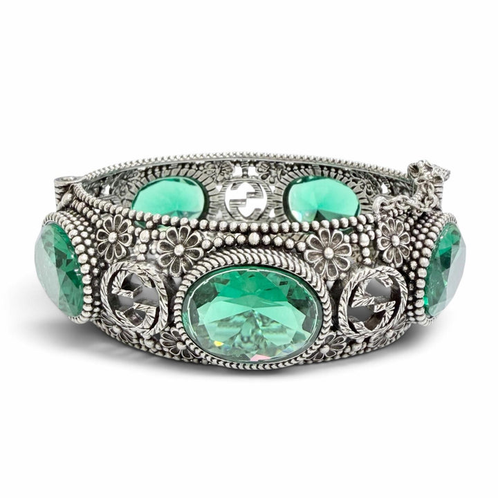 Great GUCCI Bangle Interlocking G Flower Cat Head Green Color Stone 925 87.3g 16