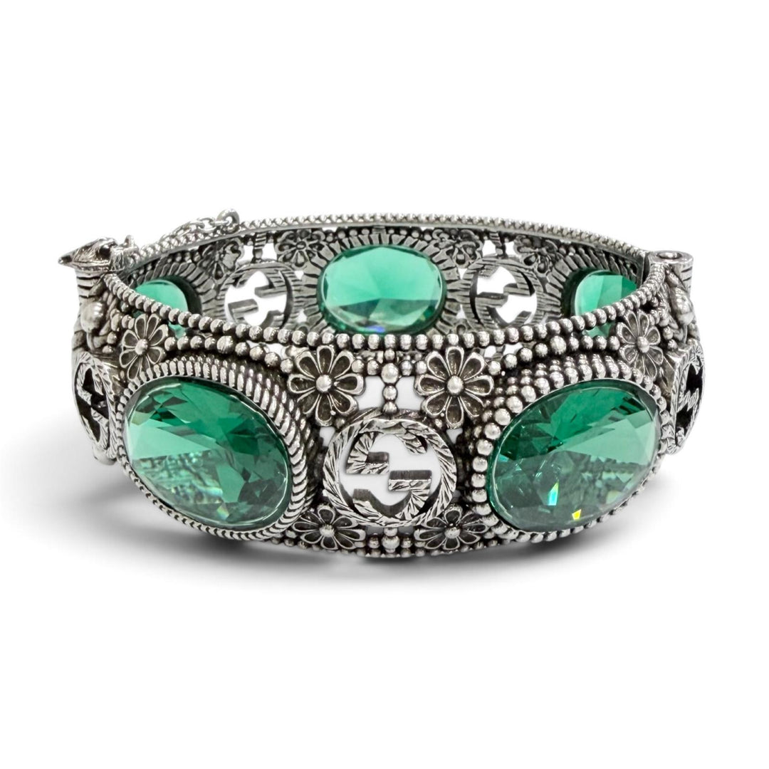 Great GUCCI Bangle Interlocking G Flower Cat Head Green Color Stone 925 87.3g 16