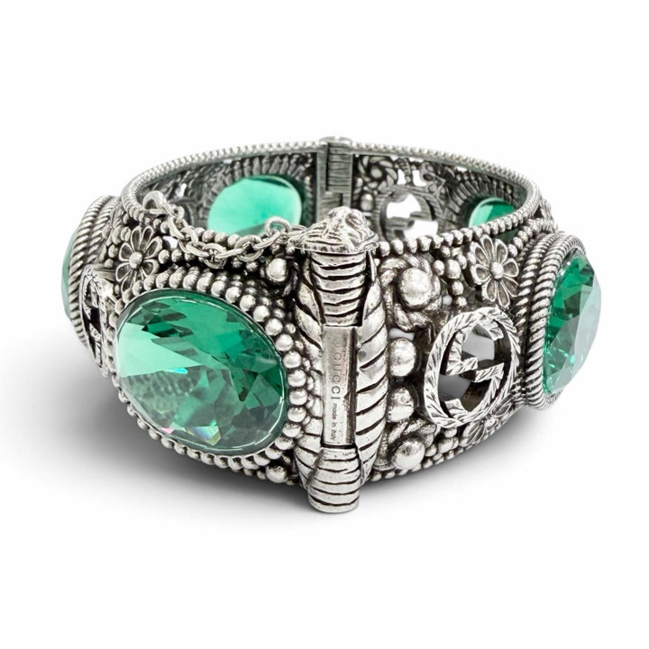 Great GUCCI Bangle Interlocking G Flower Cat Head Green Color Stone 925 87.3g 16