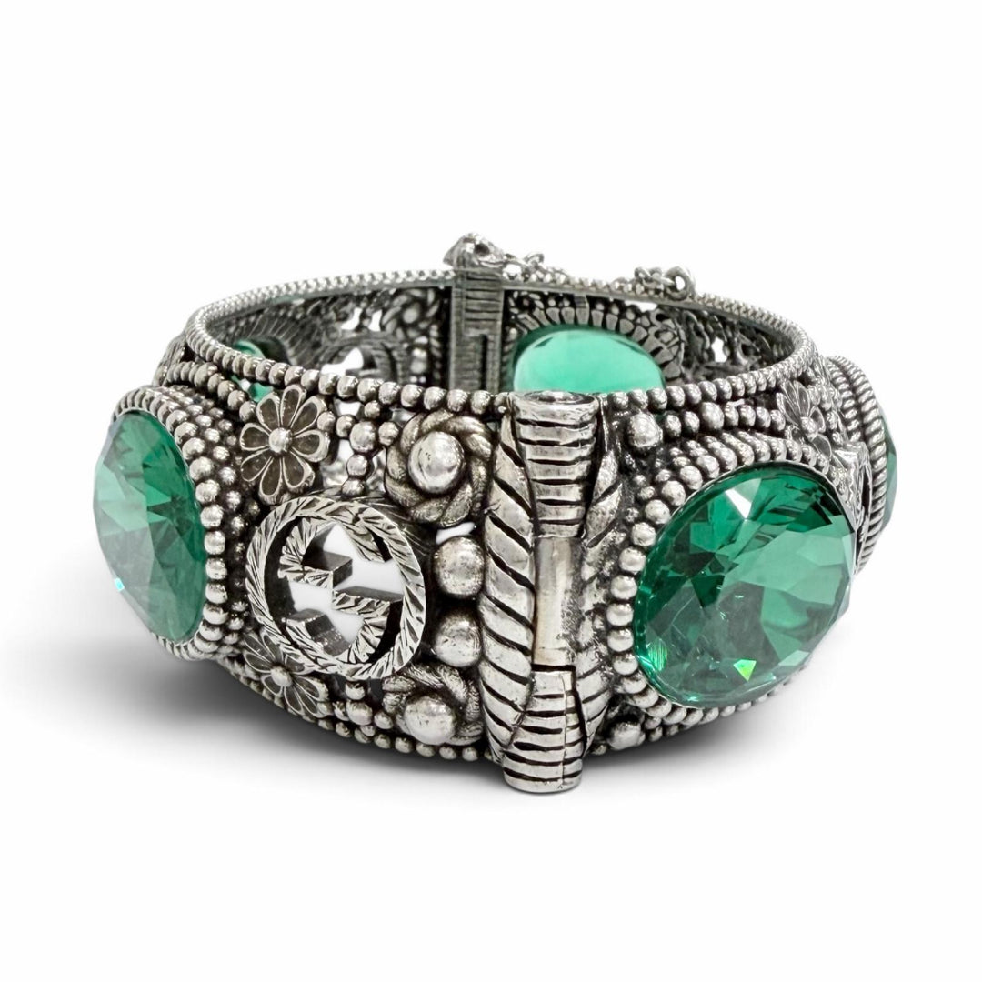 Great GUCCI Bangle Interlocking G Flower Cat Head Green Color Stone 925 87.3g 16