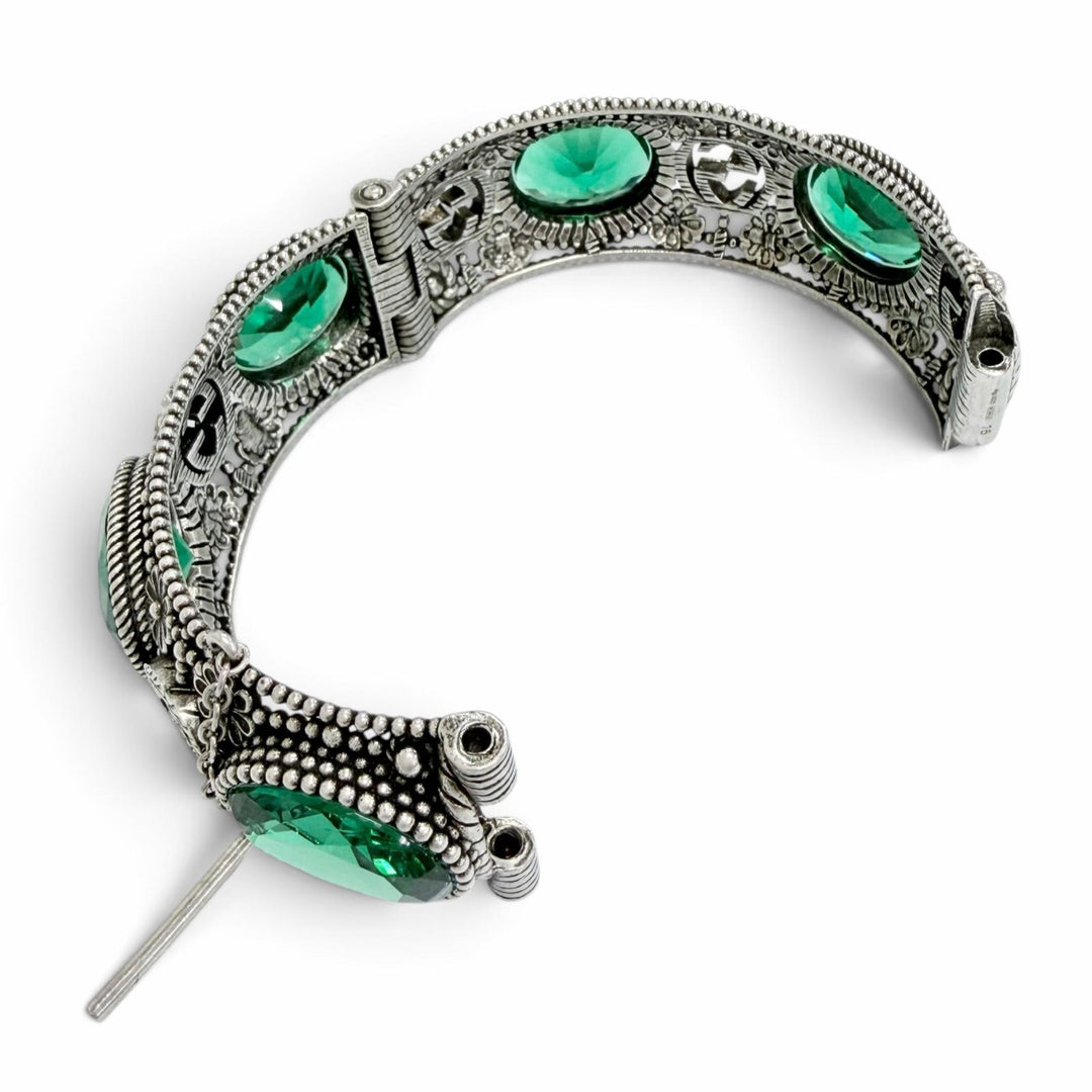 Great GUCCI Bangle Interlocking G Flower Cat Head Green Color Stone 925 87.3g 16