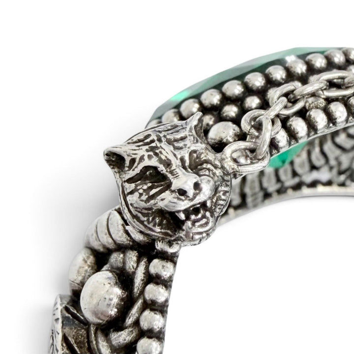 Great GUCCI Bangle Interlocking G Flower Cat Head Green Color Stone 925 87.3g 16