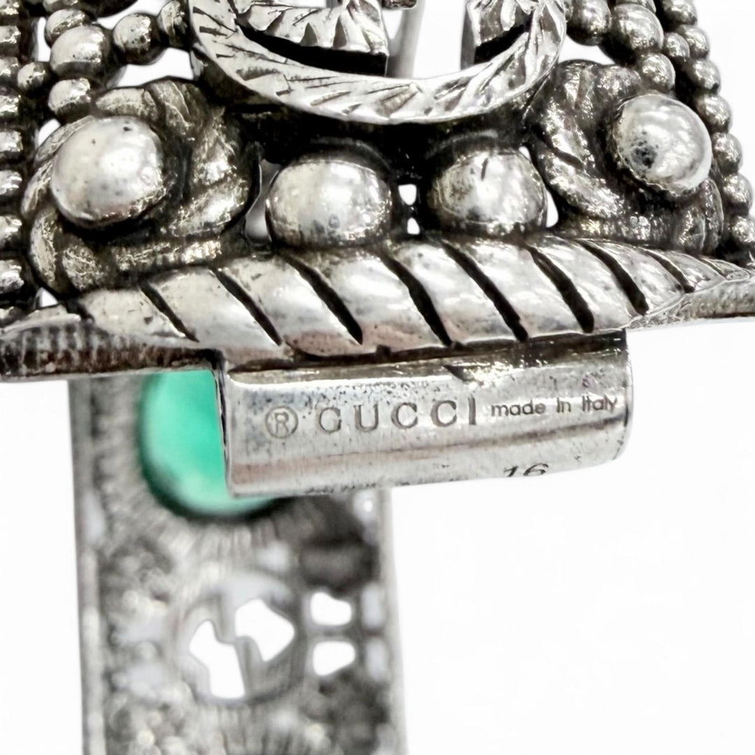 Great GUCCI Bangle Interlocking G Flower Cat Head Green Color Stone 925 87.3g 16