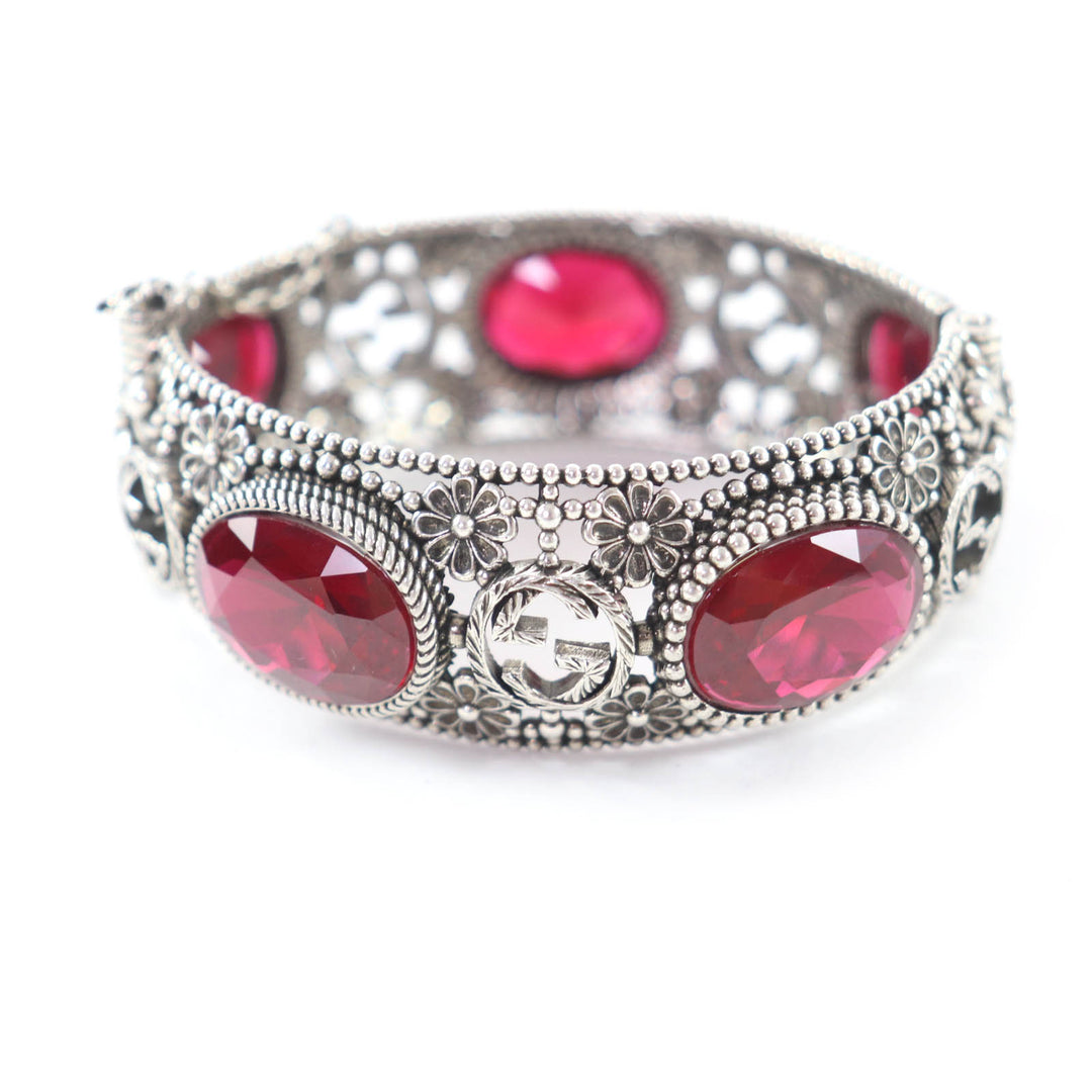 Great GUCCI Bangle Interlocking G Flower with Color Stones Silver 925 Women 17