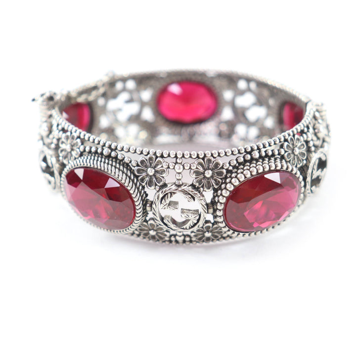 Great GUCCI Bangle Interlocking G Flower with Color Stones Silver 925 Women 17