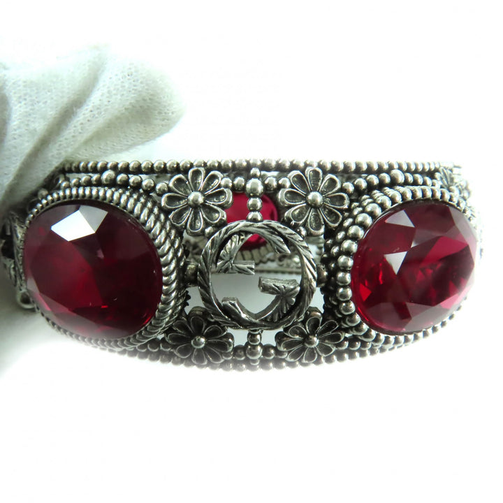 Great GUCCI Bangle Interlocking G Flower with Color Stones Silver 925 Women 17