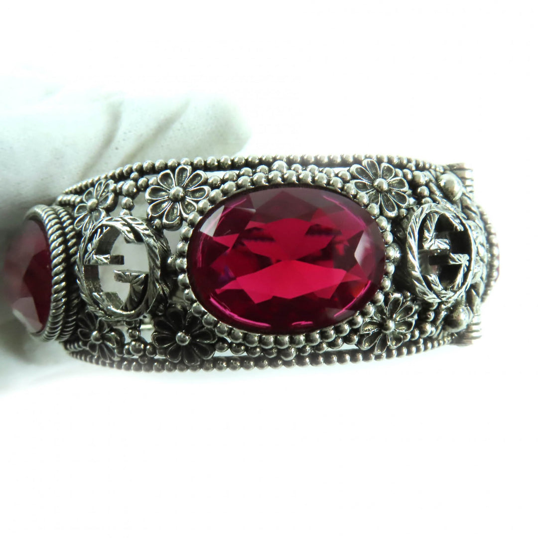 Great GUCCI Bangle Interlocking G Flower with Color Stones Silver 925 Women 17