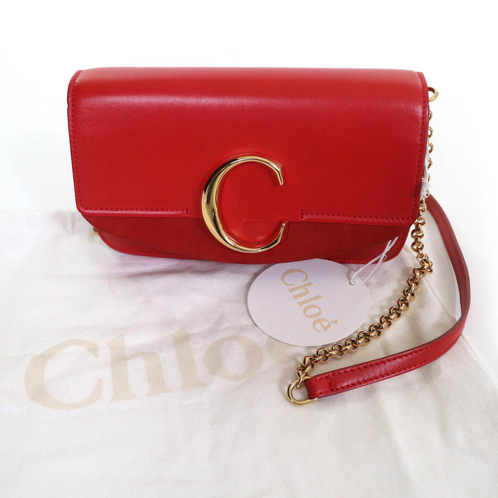 クロエ ショルダーバッグ クロエ Cロゴ スエードレザーチェーン レッド 牛革 CHC19SS192A37640