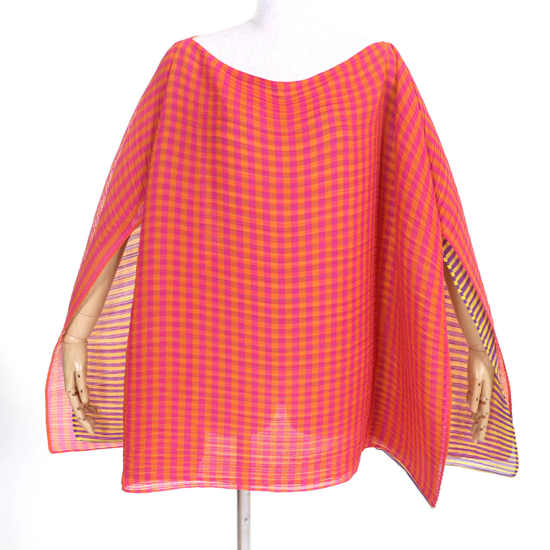 Excellent PLEATS PLEASE poncho Stripe Pattern 2-layer design Women PP32-AD131