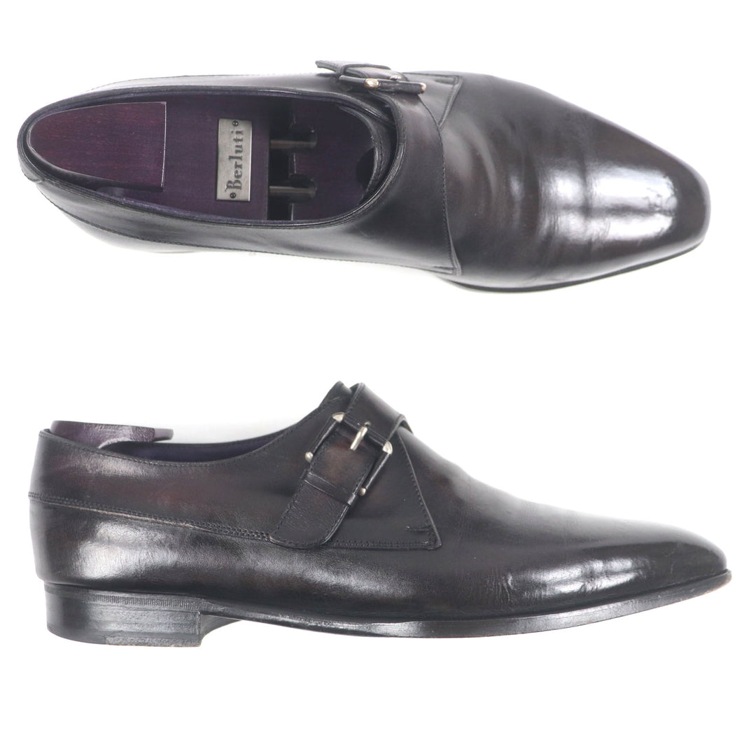 Great Berluti Leather shoes Scars Demure Monk strap plain toe Dark paple leather mens