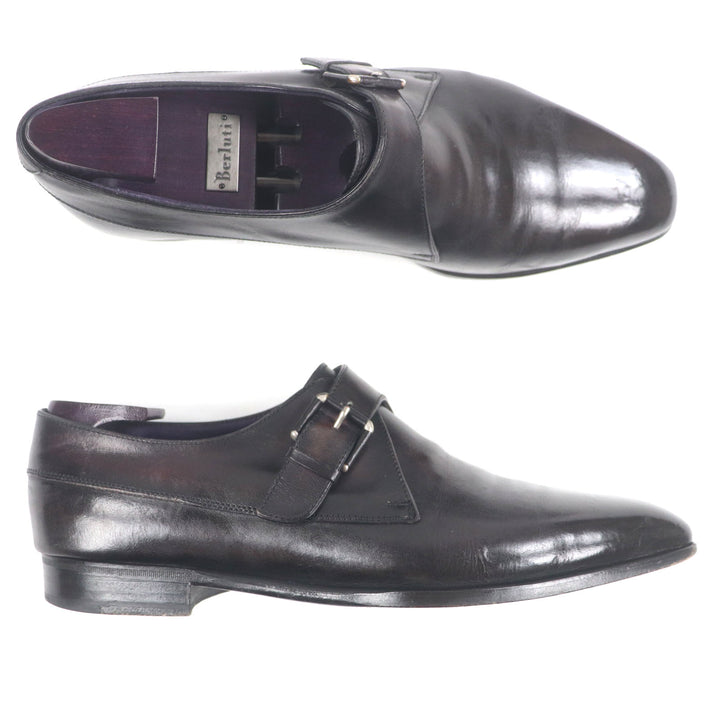 Great Berluti Leather shoes Scars Demure Monk strap plain toe Dark paple leather mens