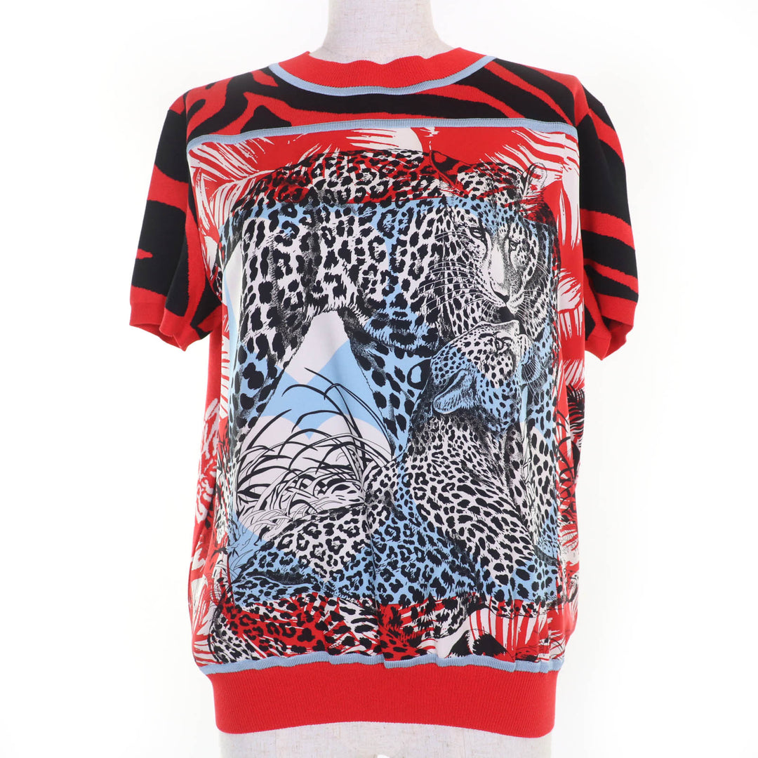 Excellent HERMES Short sleeve knit Jungle love Red series silk Women 40 3E2868D3