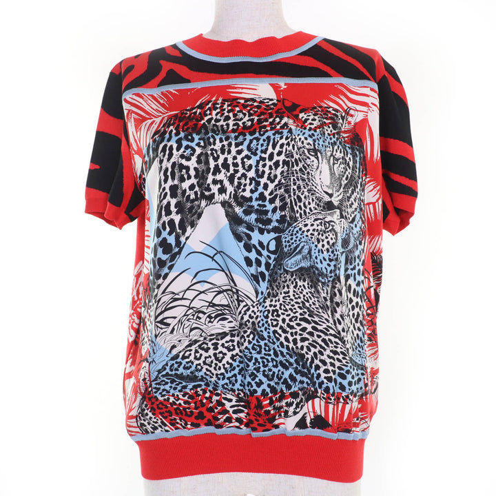 Excellent HERMES Short sleeve knit Jungle love Red series silk Women 40 3E2868D3