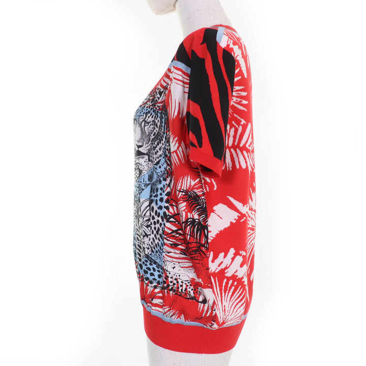 Excellent HERMES Short sleeve knit Jungle love Red series silk Women 40 3E2868D3