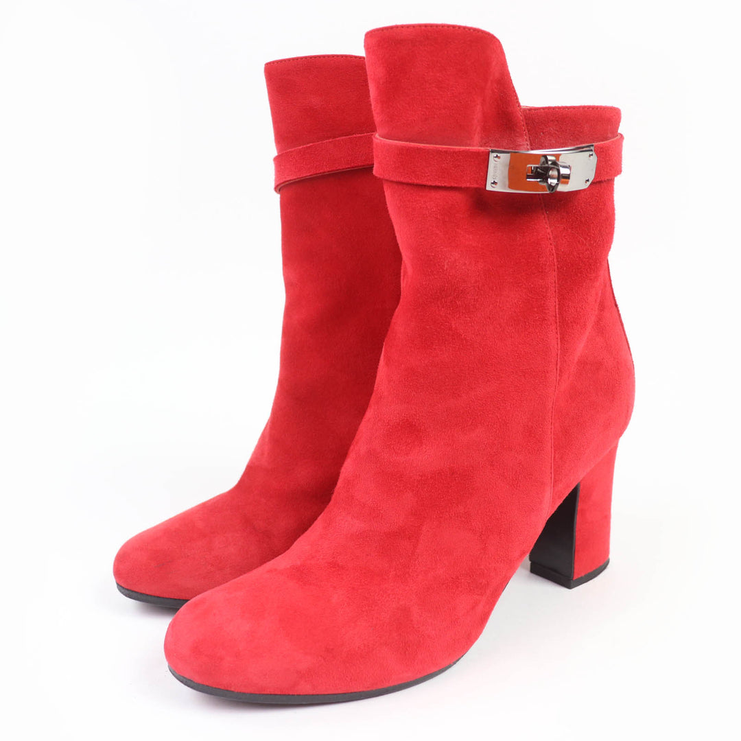 Great HERMES short boots JOUEUSE Kelly Metal Suede Leather Red Suede leather 37.5