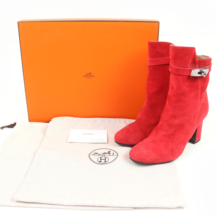 Great HERMES short boots JOUEUSE Kelly Metal Suede Leather Red Suede leather 37.5