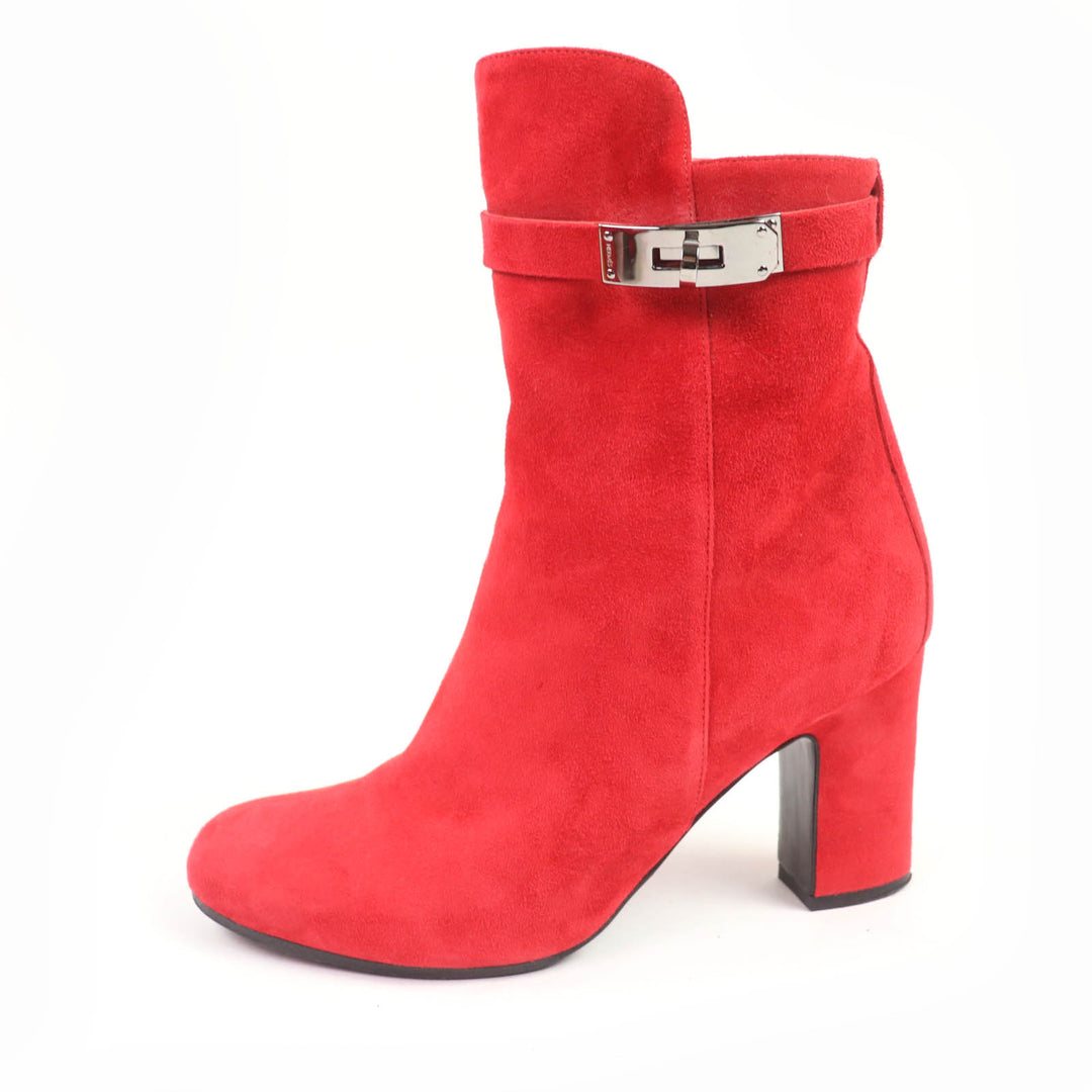 Great HERMES short boots JOUEUSE Kelly Metal Suede Leather Red 37.5
