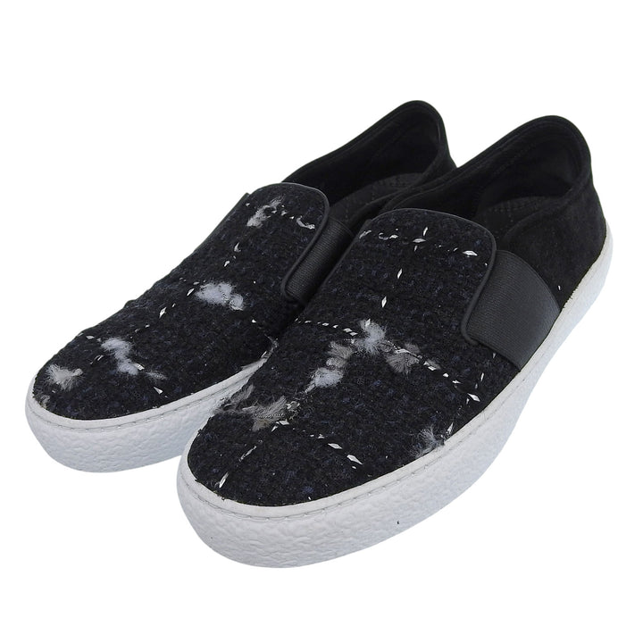 Great CHANEL Slip-on COCO Mark accents black tweed Women 38 G31713