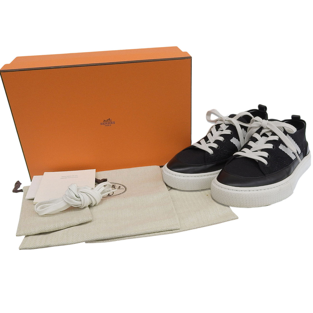 Great HERMES sneakers deep H logo design leather knit Black White knit Women 37