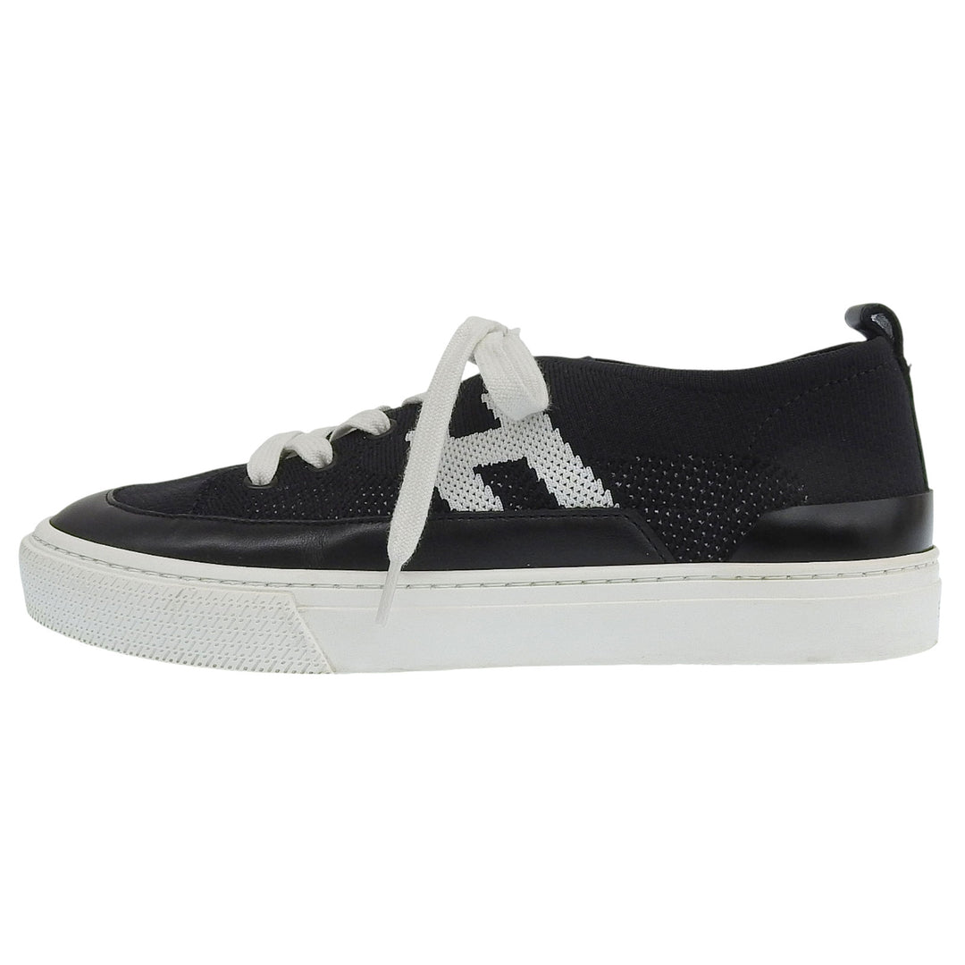 Great HERMES sneakers deep H logo design leather knit Black White knit Women 37
