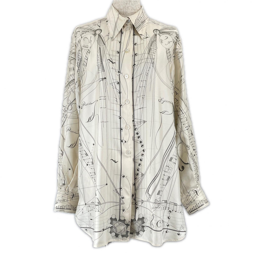 Great HERMES Long sleeve shirt Music played by spheres Ivory silk Women 40 E3939