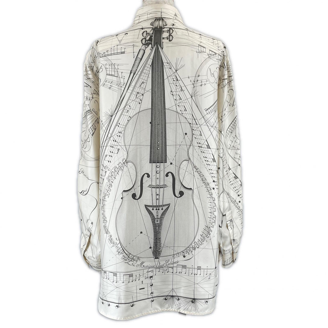 Great HERMES Long sleeve shirt Music played by spheres Ivory silk Women 40 E3939