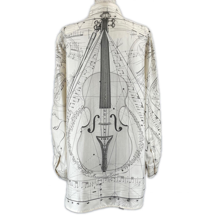Great HERMES Long sleeve shirt Music played by spheres Ivory silk Women 40 E3939