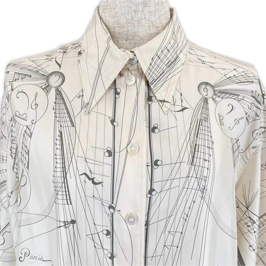 Great HERMES Long sleeve shirt Music played by spheres Ivory silk Women 40 E3939