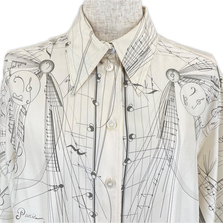 Great HERMES Long sleeve shirt Music played by spheres Ivory silk Women 40 E3939