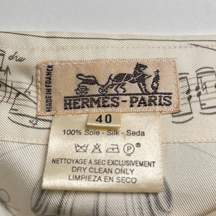 Great HERMES Long sleeve shirt Music played by spheres Ivory silk Women 40 E3939