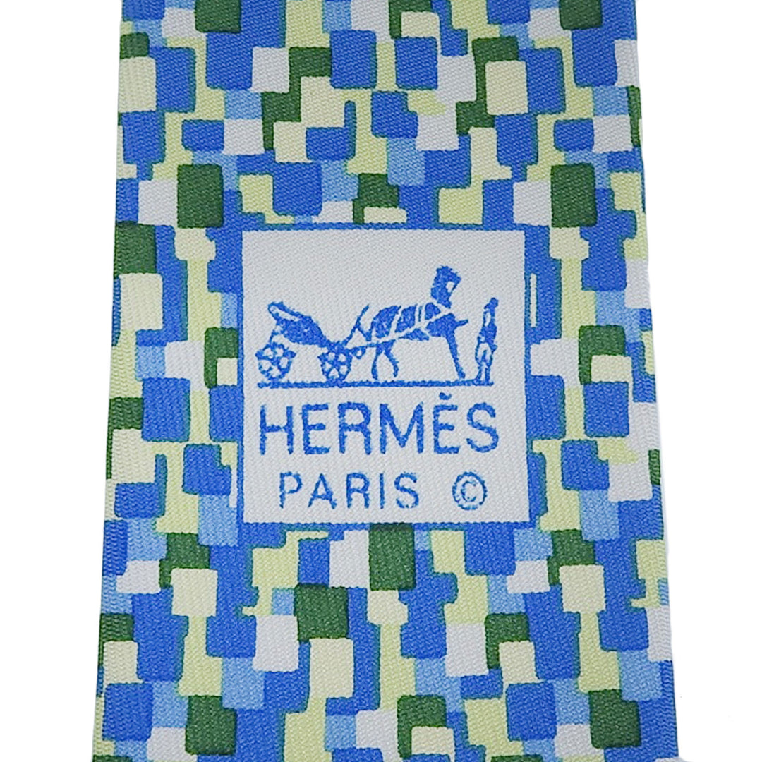 Great HERMES tie All-over logo print Blue Green Multi silk mens 5089 PA