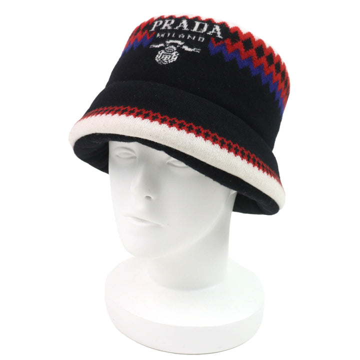 Great PRADA hat Logo padded bucket hat Black White Red Blue wool Women M 1HC248