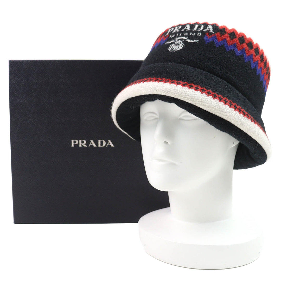 Great PRADA hat Logo padded bucket hat Black White Red Blue wool Women M 1HC248