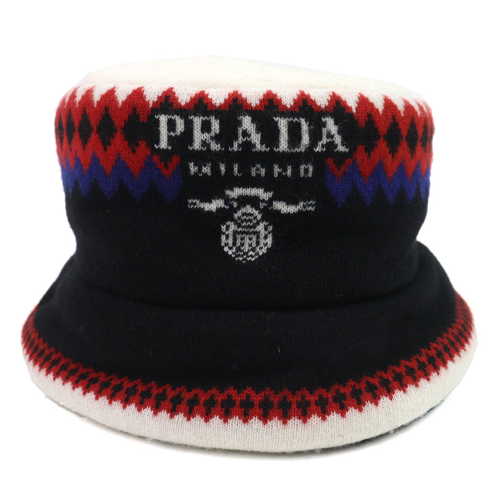Great PRADA hat Logo padded bucket hat Black White Red Blue wool Women M 1HC248