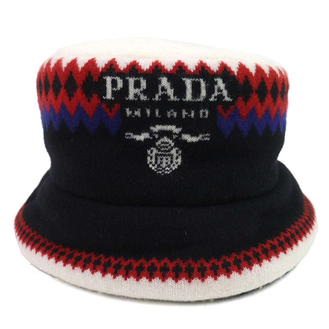 Great PRADA hat Logo padded bucket hat Black White Red Blue wool Women M 1HC248