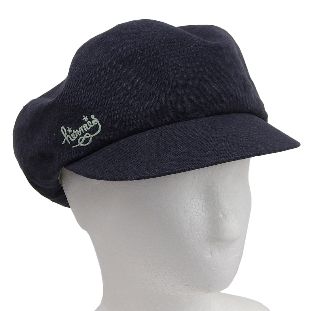 Great HERMES Casquette PAOLA Logo embroidery Check pattern lining Navy linen Women 57