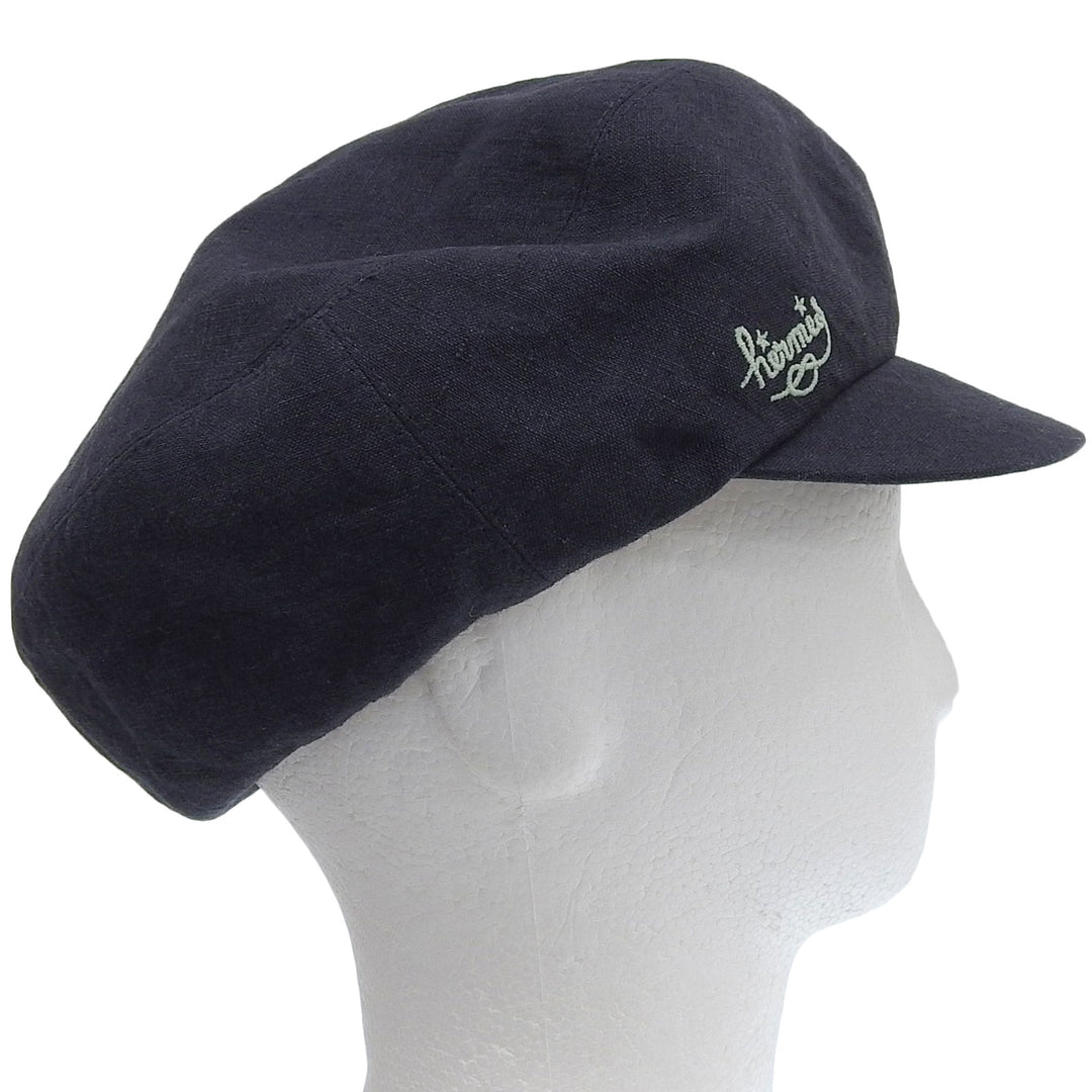 Great HERMES Casquette PAOLA Logo embroidery Check pattern lining Navy linen Women 57