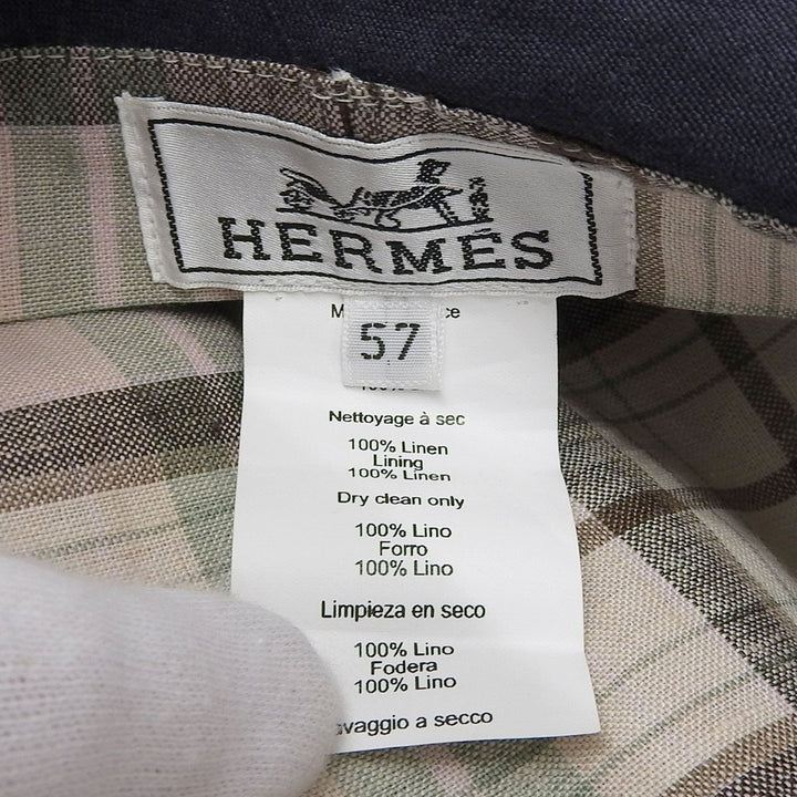 Great HERMES Casquette PAOLA Logo embroidery Check pattern lining Navy linen Women 57