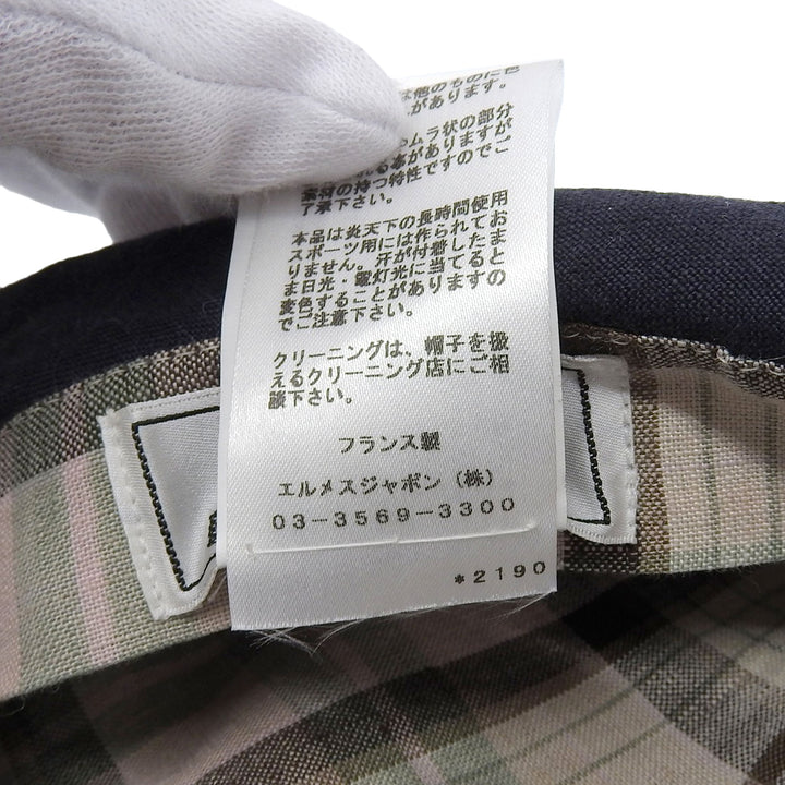 Great HERMES Casquette PAOLA Logo embroidery Check pattern lining Navy linen Women 57