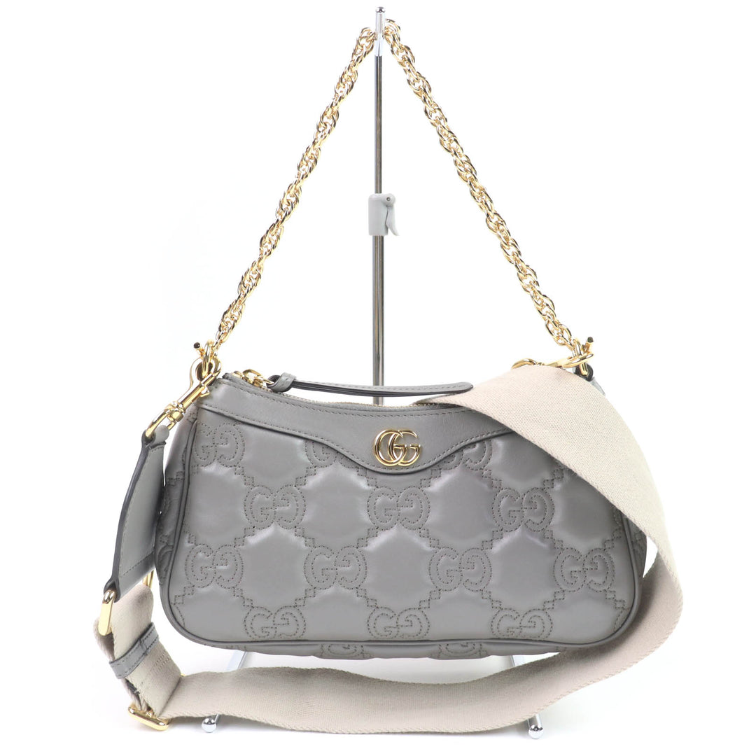 Very Good GUCCI Shoulder Bag GG Matelasse Leather 2-Way Handbag gray leather Women 735049