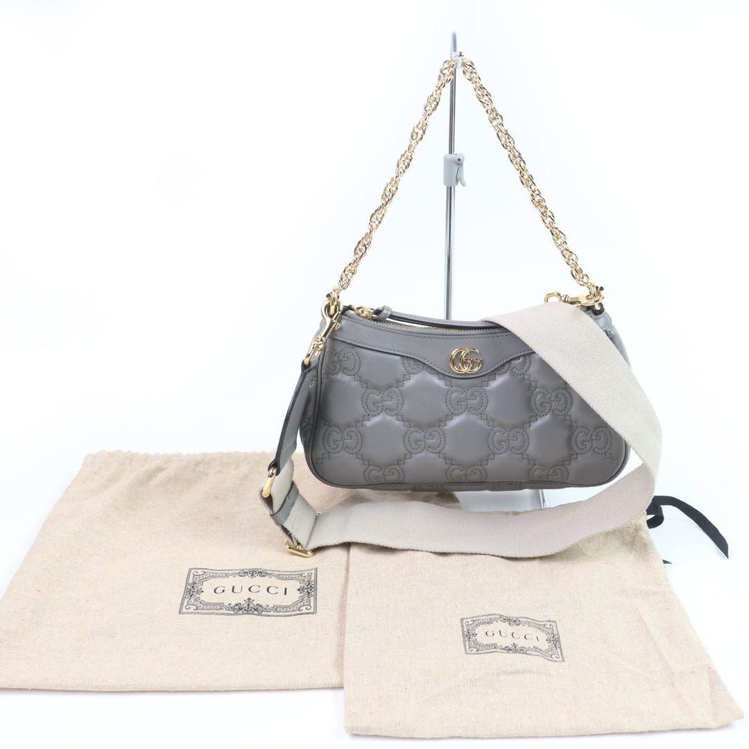Very Good GUCCI Shoulder Bag GG Matelasse Leather 2-Way Handbag gray leather Women 735049