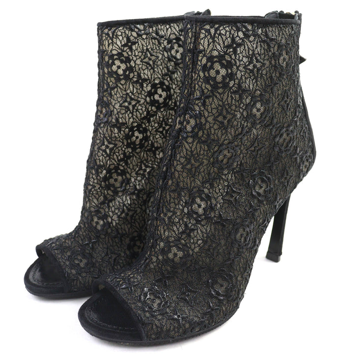 Great LOUIS VUITTON Ankle boots Flower logo lace LV circle metal open toe 35.5